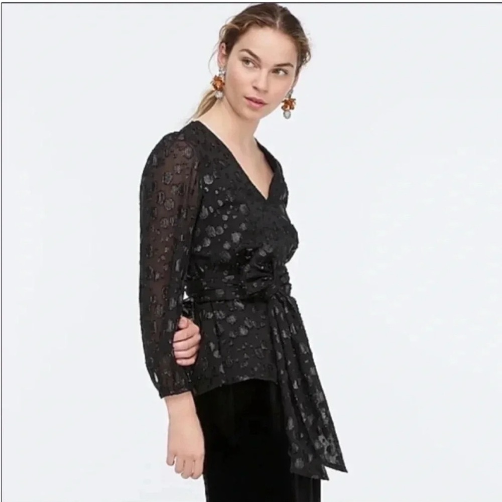 J. Crew Black Wrap Tie metallic dot Front Blouse